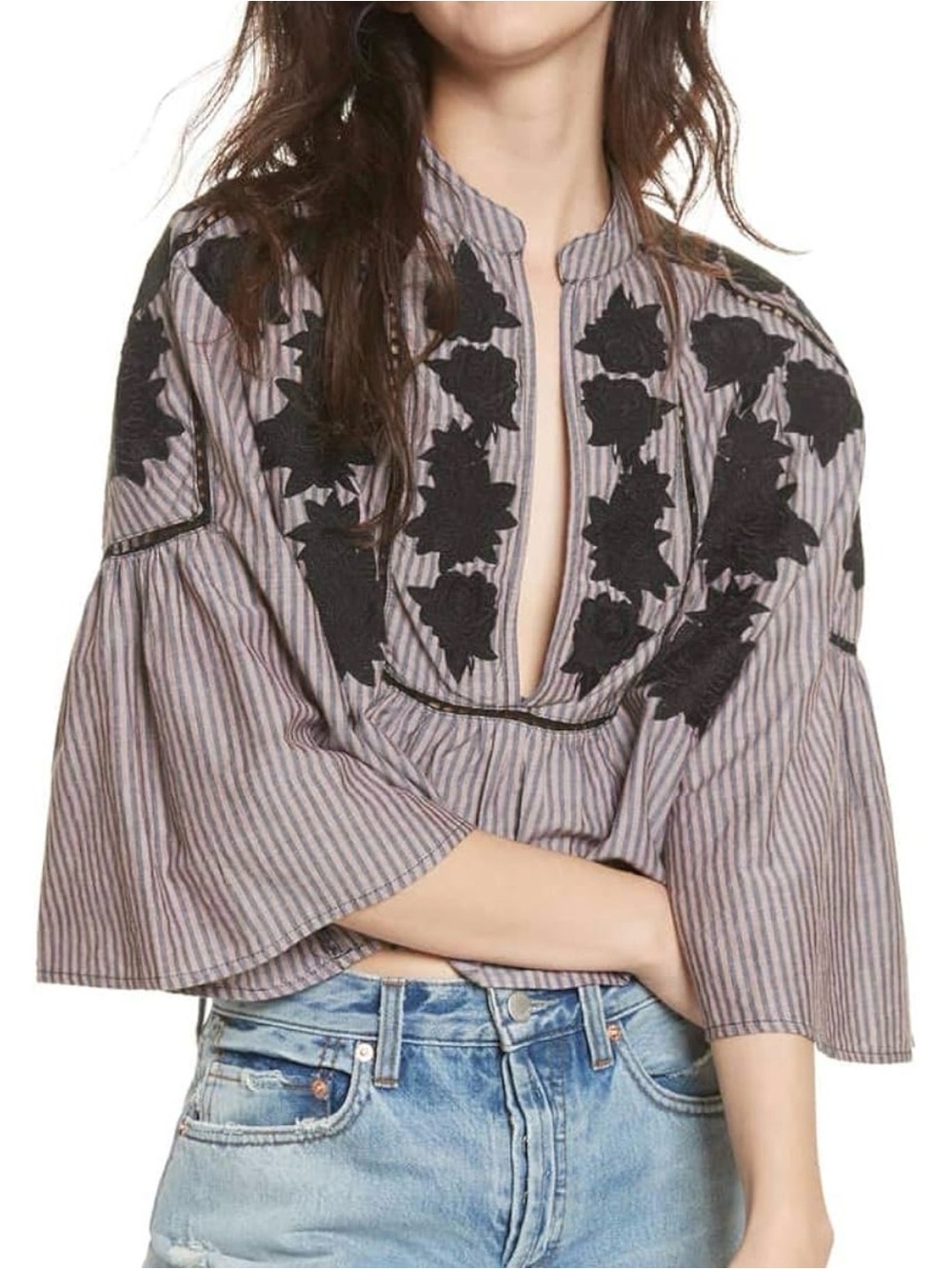 Free People Gray Striped Peasant Top with Black Floral Applique